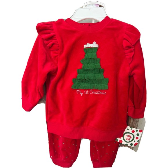 Little Me 9 mo Top‎ & Pants Girls Red My 1st Christmas w Metallic dots NWT $28 - Picture 1 of 6